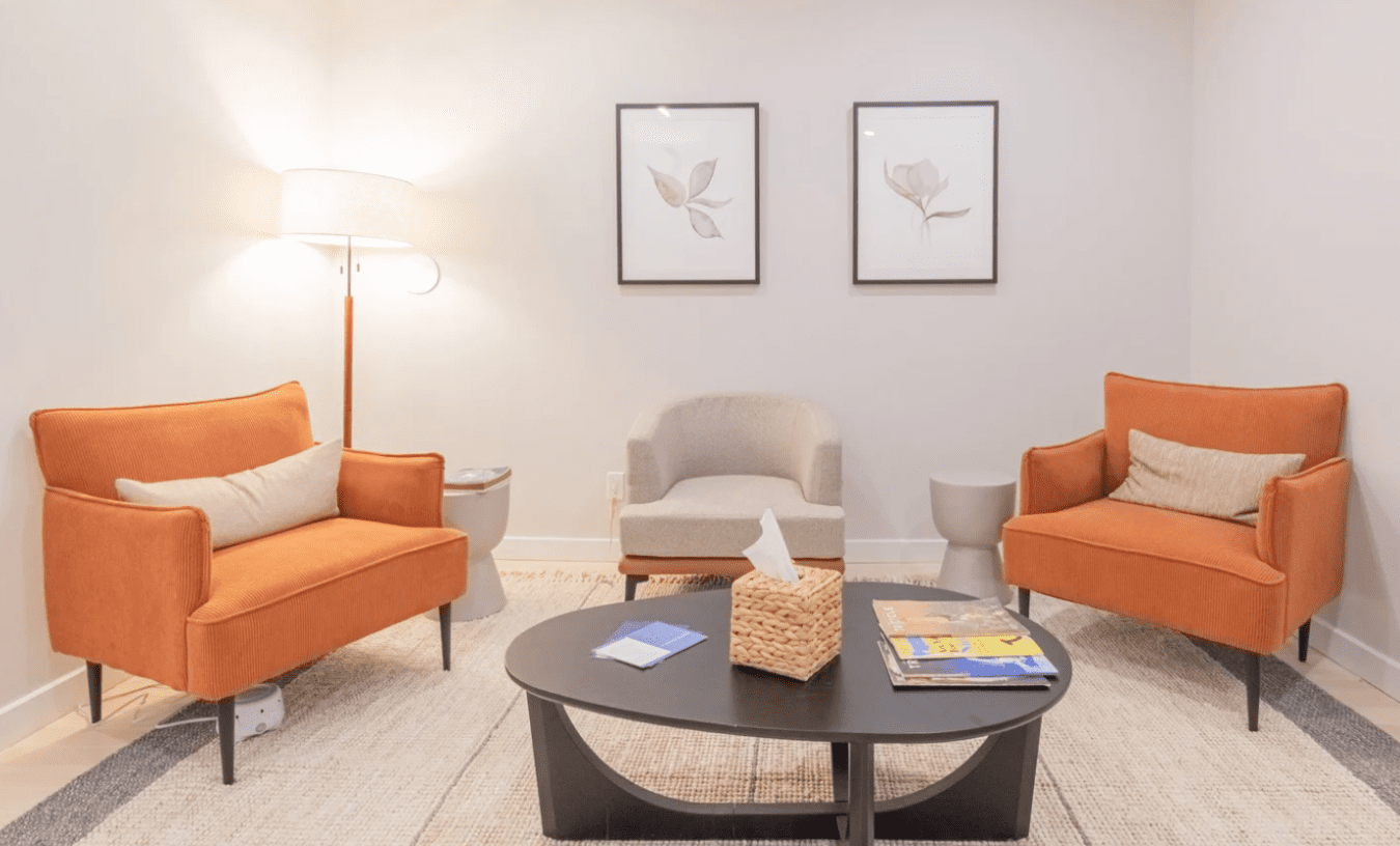 brooklyn heights therapy office cozy brooklyn heights therapy office with orange sofa and chairs and warm lighting